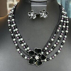 VTG Necklace Multi Strand Black  Purple Beads Front Flower Matching Earrings 18"